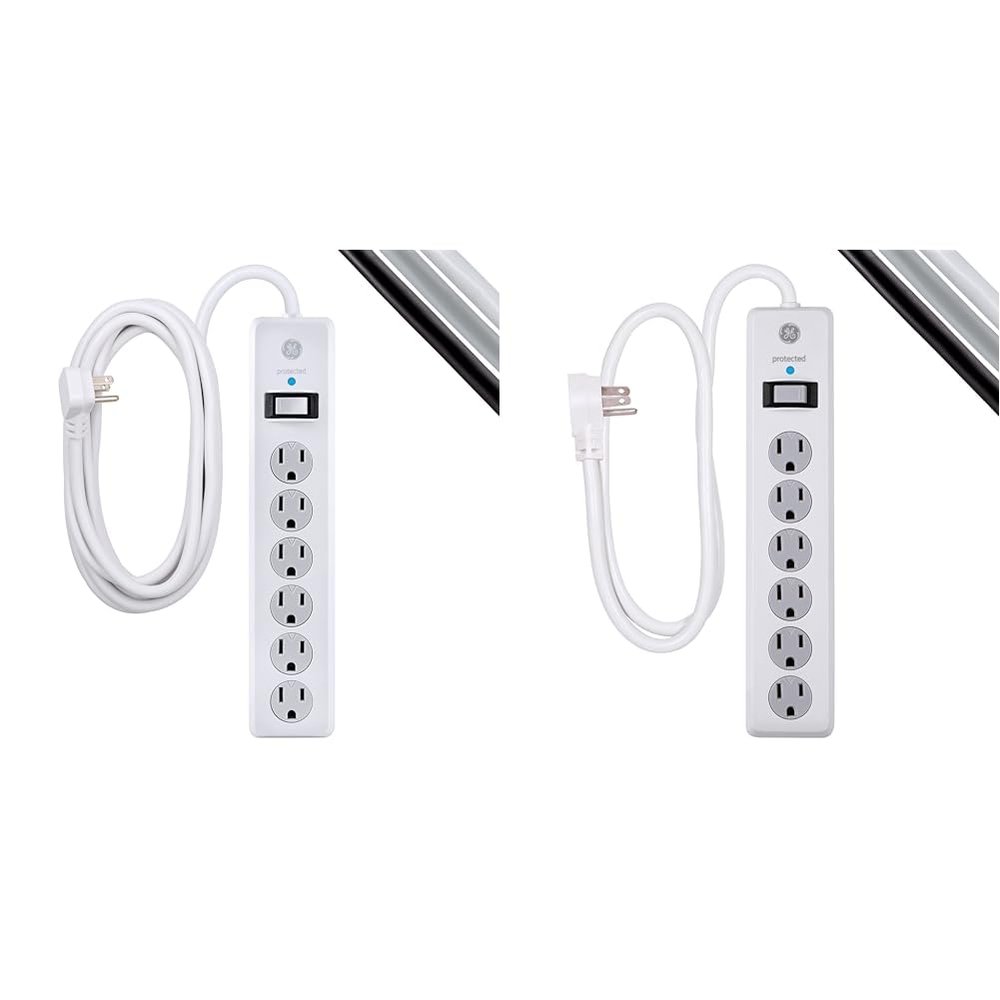 GE 6-Outlet Surge Protector, 20 Ft Extension Cord, Power Strip, 800 Joules, Flat Plug & 6-Outlet Surge Protector, 4 Ft Extension Cord, Power Strip, 800 Joules, Flat Plug, Twist-to-Close Safety