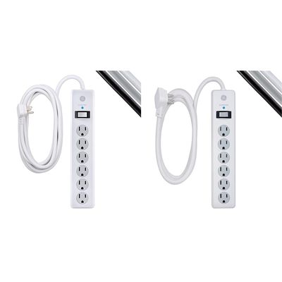 GE 6-Outlet Surge Protector, 20 Ft Extension Cord, Power Strip, 800 Joules, Flat Plug & 6-Outlet Surge Protector, 6 Ft Extension Cord, Power Strip, 800 Joules, Flat Plug, Twist-to-Close Safety