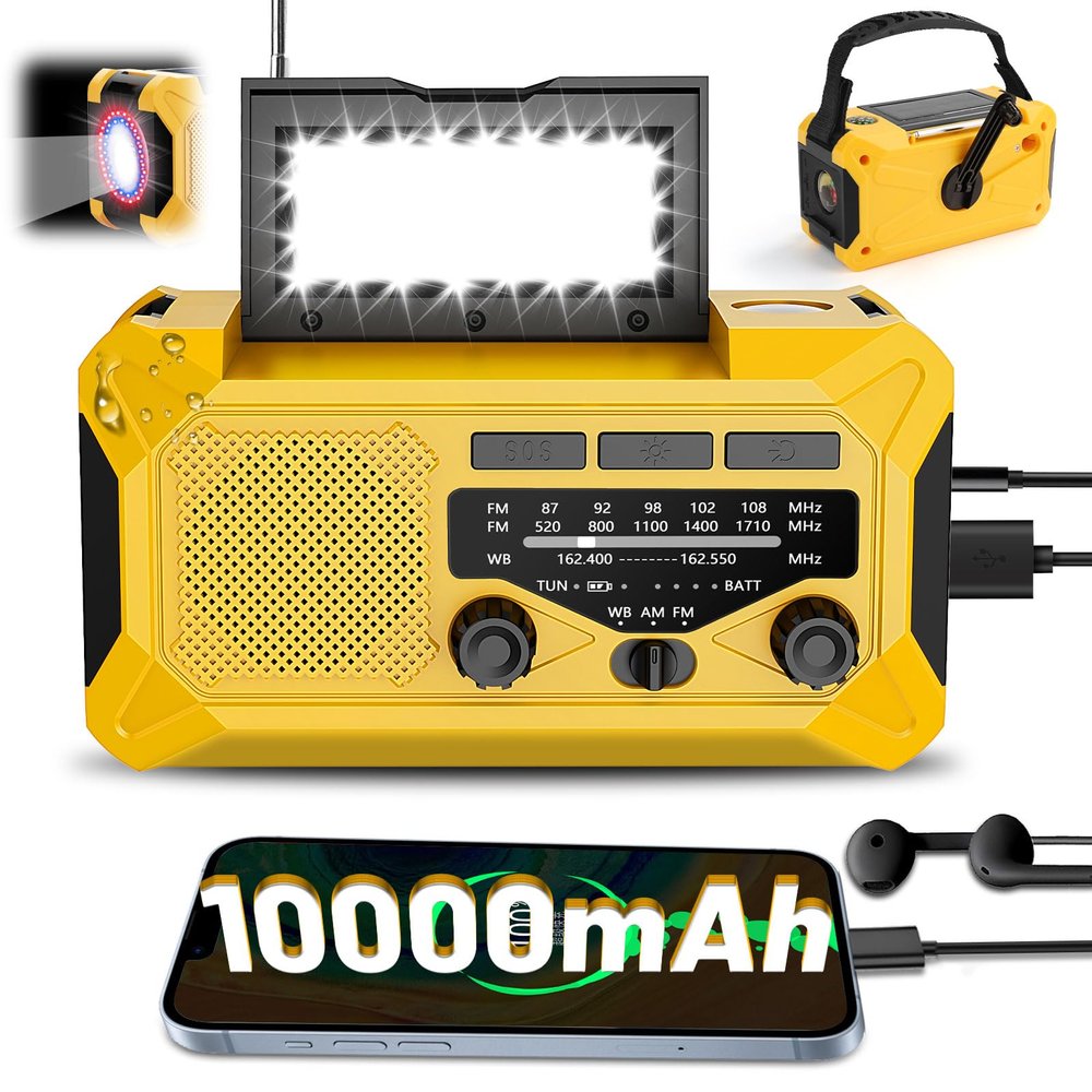 Veubew 10000mAh Emergency Hand Crank Radio with LED Flashlight Yellow