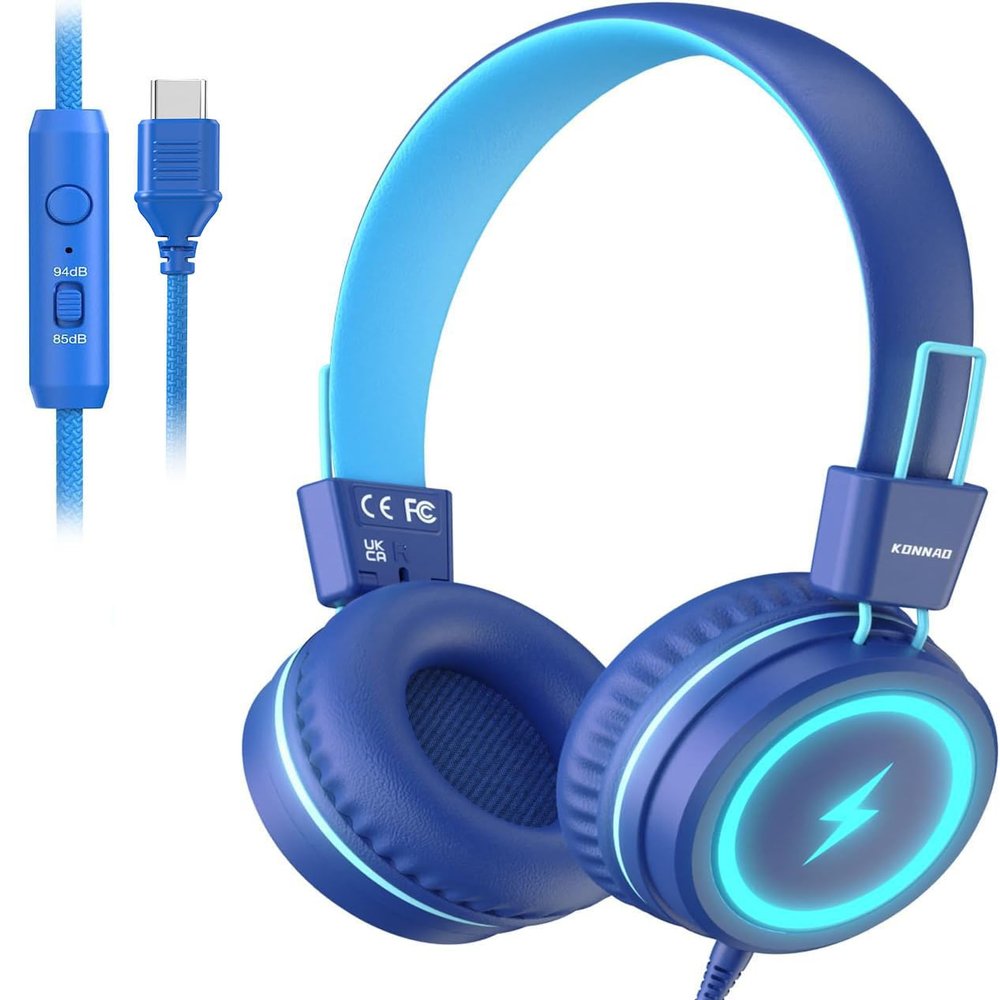 Kid Headphones for School, USB Type C Kids Headphone with LED Lights, Wired Boys Girls Headphones with Safe Limiter 85dB/94dB, Foldable On Ear Headphones with Microphones for Girls, Boys, iPad-Blue