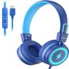Kid Headphones for School, USB Type C Kids Headphone with LED Lights, Wired Boys Girls Headphones with Safe Limiter 85dB/94dB, Foldable On Ear Headphones with Microphones for Girls, Boys, iPad-Blue view 1