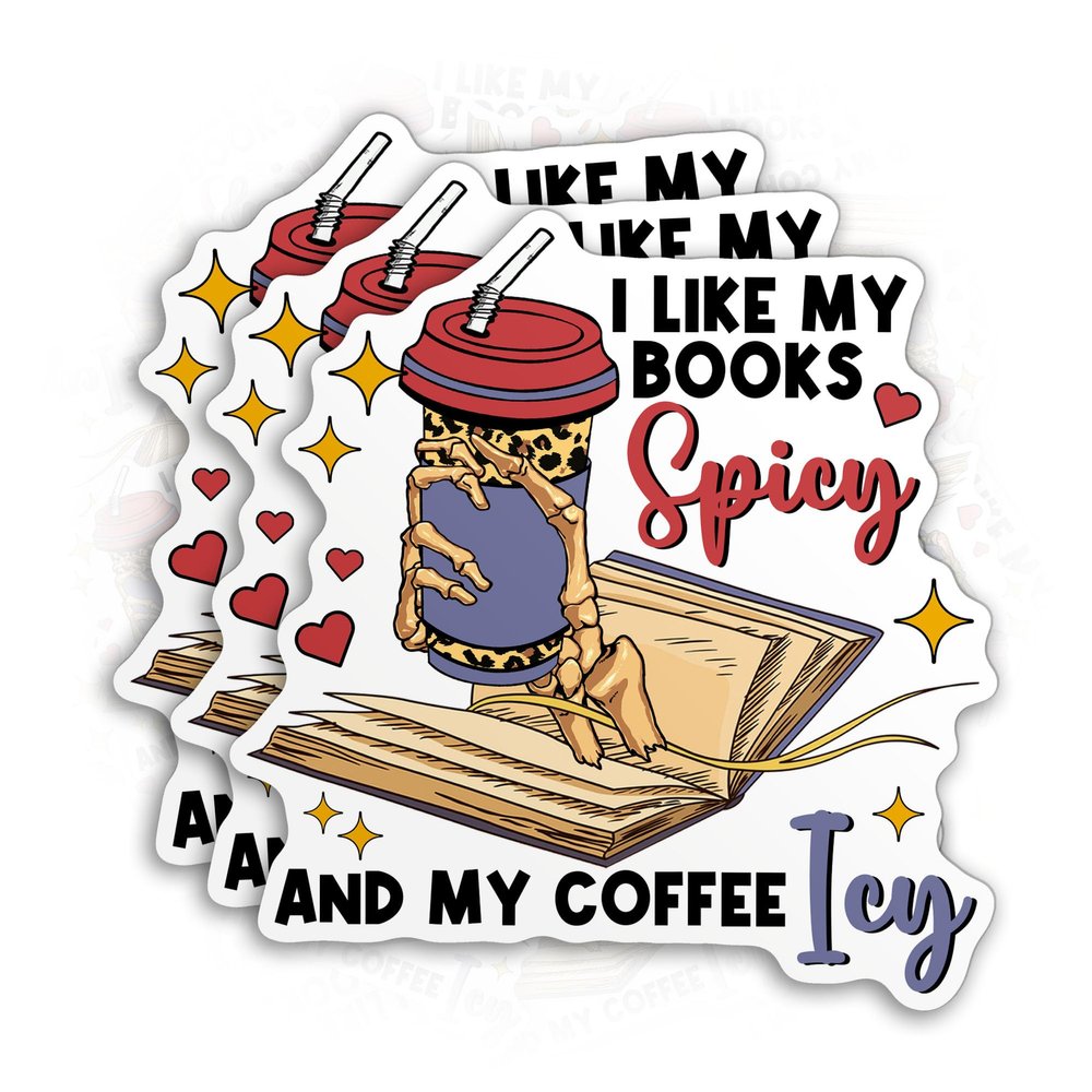(3PCS) I Like My Books Spicy and My Coffee ICY Sticker Funny Skeleton Hand Giving Coffee Decal Bookish 2" Die-Cut Waterproof Vinyl Sticker for Water Bottle Tumbler Phone Case Laptop Car (2 Inches)