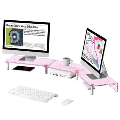 TREGOO Corner Monitor Stand Large Monitor Riser Portable for 2 to 3 Computer, Lifting Desktop Stand for Dual Monitors, Screen Rack with Adjustable Length and Angle (Color : Pink), 78634