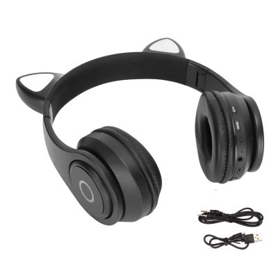 NDNCZDHC Cat Ear Headphones, Bluetooth 5.0 Adjustable Bass Portable Headphone Wireless Headset with LED Lights Sound Cable (Black)