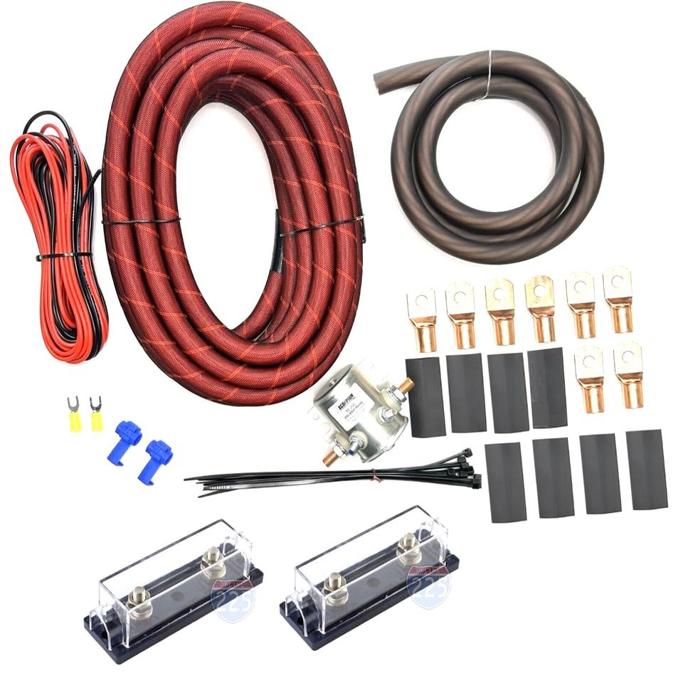 225FWY 4 AWG Red Snakeskin Braided Sleeving 200 Amp Heavy Duty Auxiliary ANL Fuse Battery Isolator Kit