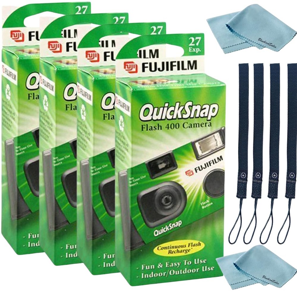 Fujifilm QuickSnap Flash 400 Disposable 35mm Camera 4 Pack 4 Hand Straps 2 BluebirdSales Microfiber Cloth, Green, 7033661