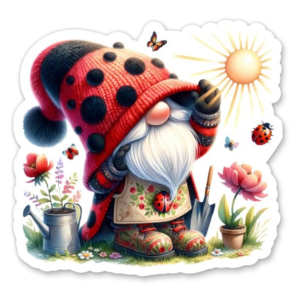 Gnome Gardening Stickers - 2 Pack - Waterproof Vinyl for Car, Phone, Water Bottle, Laptop - Spring Sunshine Garden Ladybug Decals (2-Pack)
