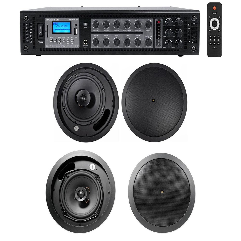 Rockville Bundle: (1) RCS180-6 180 Watt 6 Zone 70v Restaurant Amplifier Bundle with (2) Control 18C/T-BK 8" 70v Black Ceiling Speakers & (2) Control 16C/T-BK 6.5" Ceiling Speakers (5 Items)