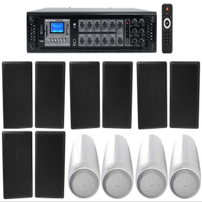 Rockville Bundle: (1) RCS350-6 350 Watt 6 Zone 70v Commercial Amplifier Bundle with (8) RockSlim 70B Black 5.25" Wall Speakers & (4) Control 65P/T-WH White 5.25" Pendant Speakers (13 Items)