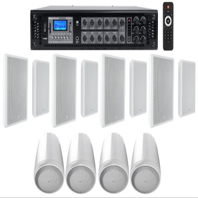 Rockville Bundle: (1) RCS350-6 350 Watt 6 Zone 70v Commercial Amplifier Bundle with (8) RockSlim 70B White 5.25" Wall Speakers & (4) Control 65P/T-WH White 5.25" Pendant Speakers (13 Items)