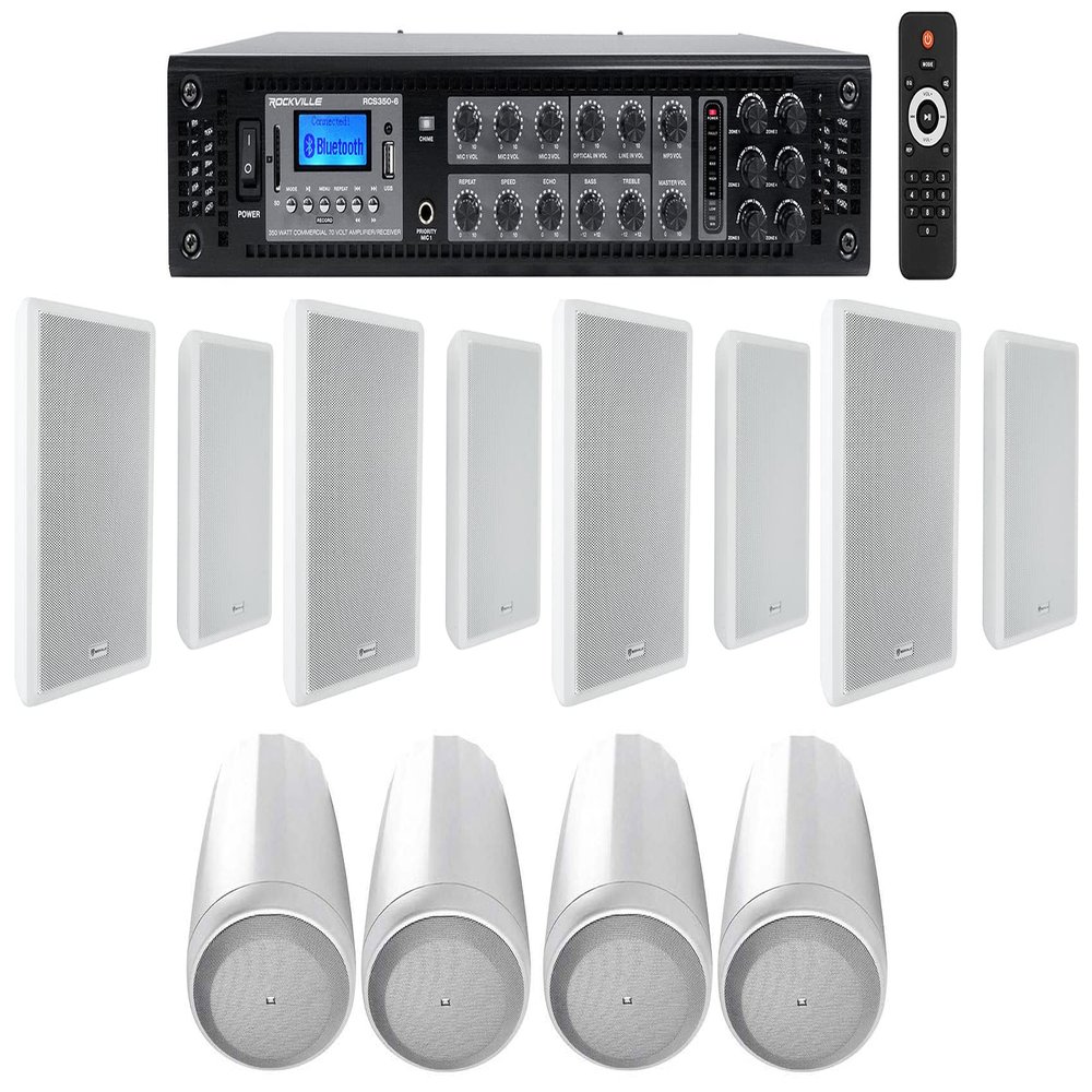 Rockville Bundle: (1) RCS350-6 350 Watt 6 Zone 70v Commercial Amplifier Bundle with (8) RockSlim 70B White 5.25" Wall Speakers & (4) Control 65P/T-WH White 5.25" Pendant Speakers (13 Items)