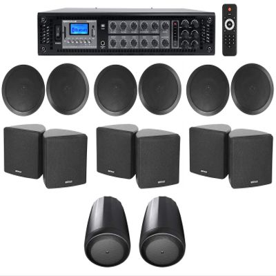 Rockville Bundle: (1) RCS350-6 350 Watt 6 Zone 70v Commercial Amplifier Bundle with (6) 3.5" Black Wall Mount Speakers & (2) 5.25" Pendant Speakers & (6) CC65T 6.5" Ceiling Speakers(15 Items)