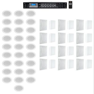 Rockville CCL5T Bundle: (28) 5 in White 70V Commercial Ceiling Speakers, (24) RockSlim 70W 5.25 in 70V Wall Speakers, RCS350-6 350-Watt 6-Zone Bluetooth Amplifier for Restaurant Bar Audio, 53-Items