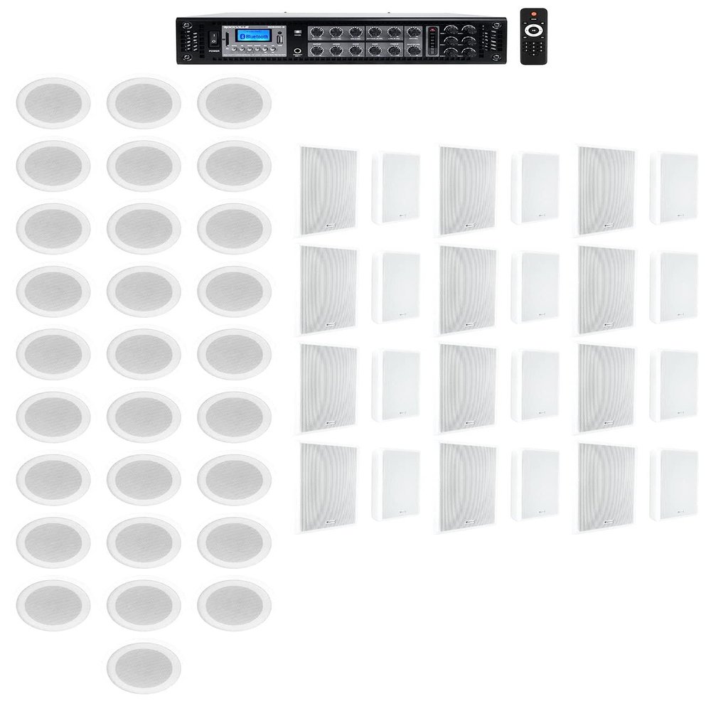 Rockville CCL5T Bundle: (28) 5 in White 70V Commercial Ceiling Speakers, (24) RockSlim 70W 5.25 in 70V Wall Speakers, RCS350-6 350-Watt 6-Zone Bluetooth Amplifier for Restaurant Bar Audio, 53-Items