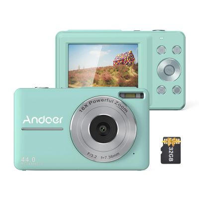 Camnoon Portable 1080P Digital Camera Video Camcorder 44MP Auto Focus 2.5 IPS Screen 16X Digital Zoom Anti-Shake Face Detect Smile Capture with 32GB Memory Card for Kids