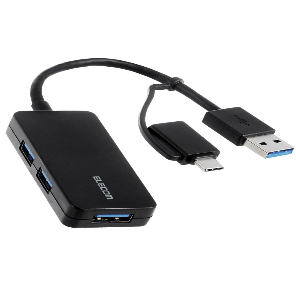 Elecom U3H-CAK3005BBK USB HUB USB HUB 5Gbps Type-C Adapter Cable Fixing 3 Ports, Black