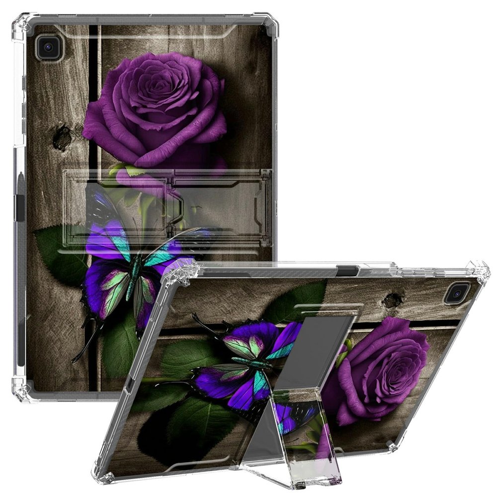 CGFGHHUY for Samsung Galaxy Tab S6 Lite Case 10.4 inch Clear Slim Lightweight Kickstand Protective Transparent TPU Case for Women Tablet Cover for Galaxy S6 Lite 2022/2020,Purple Rose and Butterflies