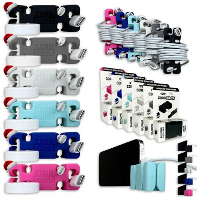 CordBrick Steel Weighted Cord Holder, Cord Wrap, Phone Accessory, Stocking Stuffer for Men, Adults, College Students. Nightstand, Desk Travel Organizer. Silicone. 6pk Assorted Mix