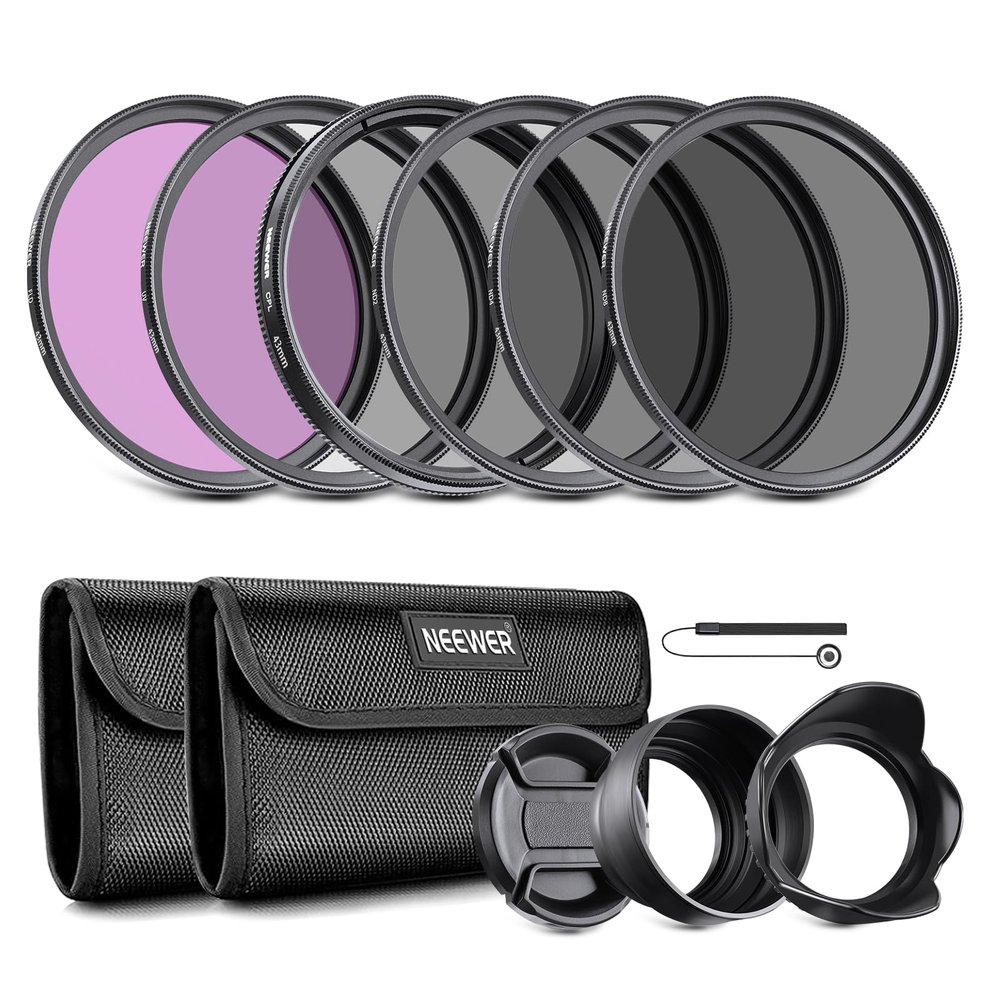 NEEWER 43mm ND Lens Filter Kit: UV, CPL, FLD, ND2, ND4, ND8, Lens Hood and Lens Cap Compatible with Canon Nikon Sony Panasonic DSLR Cameras with 43mm Lens