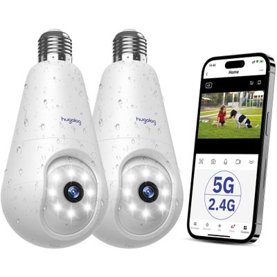 Hugolog 2K 3MP Light Bulb Security Camera 5G& 2.4GHz WiFi, 360 Wireless Outdoor Indoor Camera for Home, Motion Detection, Two-Way Talk, Color Night Vision, Siren Alarm, Compatible with Alexa(2 Pack)
