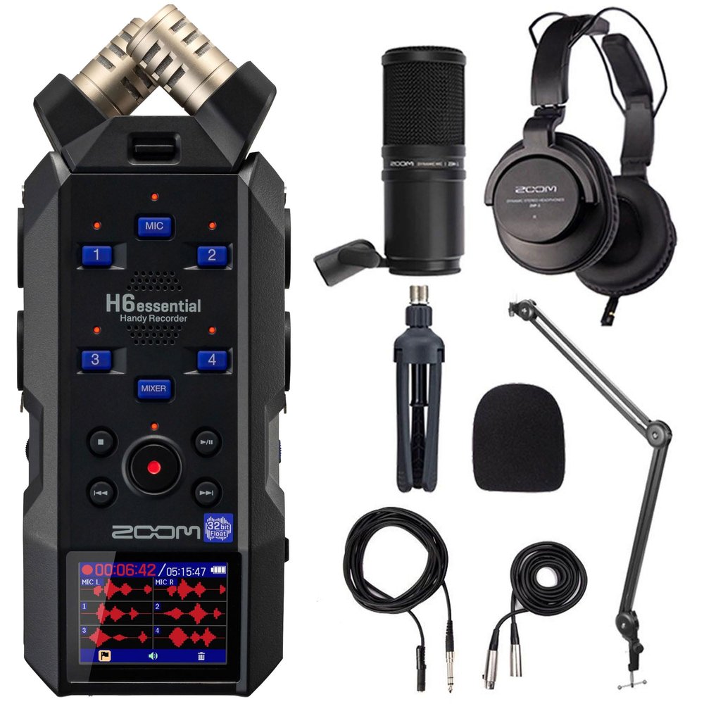 Zoom H6essential 6-Track 32-Bit Float Portable Audio Recorder with Zoom ZDM-1 Podcast Mic Pack Accessory Bundle and Boya BY-BA20