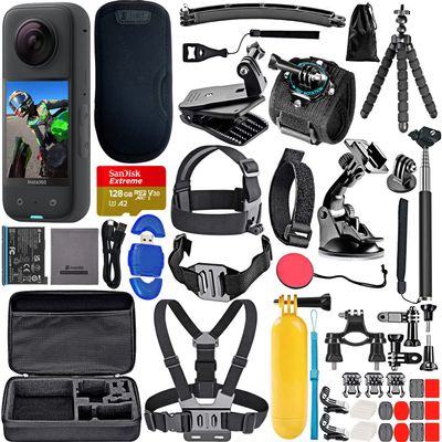 Insta360 X3 Waterproof 360 Action Camera, 48MP Sensors, 5.7K HDR Video Bundle with 128GB Memory Card & 50 Piece Accessory Kit (Renewed)