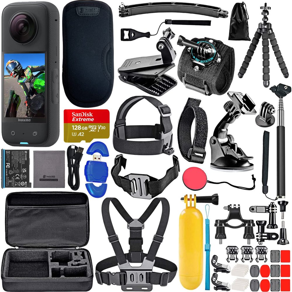Insta360 X3 Waterproof 360 Action Camera, 48MP Sensors, 5.7K HDR Video Bundle with 128GB Memory Card & 50 Piece Accessory Kit (Renewed)