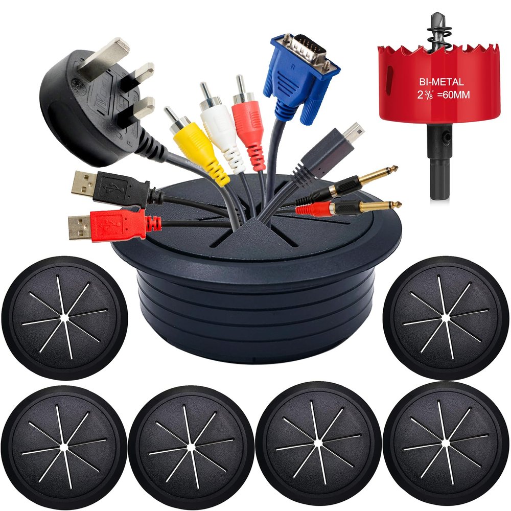 RONGWI 6PCS Desk Grommet,2-3/8""(60mm) Desk Hole Cover for Cables,Wire Hole Cover for Desk with Hole Saw,Office and Home Table,Desktop Equipment Wiring Management and Protection (Black)
