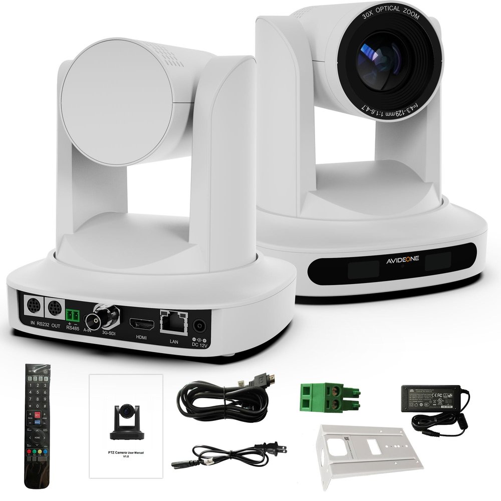 AVIDEONE 30x Optical Zoom PTZ Camera (White) HDMI/SDI/IP Video Outputs, 1080P HD for Church Services, Education, Healthcare & Live Streaming
