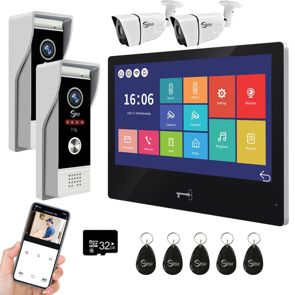 ANJIELO SMART Wired Video Door Phone Apartment Intercom System,WiFi 10 Inch Touch Monitor with 1080P Doorbell Camera,HD Camera,RFID Card Unlocking for Home Tuya,32G (1 Monitor-BK+2 Dooebell+2 Camera)