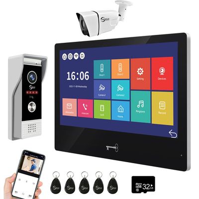 ANJIELO SMART Wired Video Door Phone Apartment Intercom System,WiFi 10 Inch Touch Monitor with 1080P Doorbell Camera,HD Camera,RFID Card Unlocking for Home Tuya,32G (1 Monitor-BK+1 Dooebell+1 Camera)