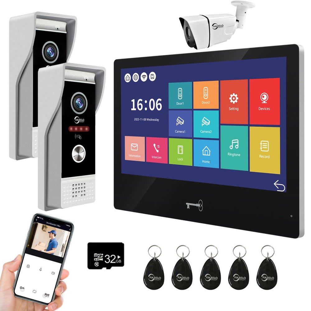 ANJIELO SMART Wired Video Door Phone Apartment Intercom System,WiFi 10 Inch Touch Monitor with 1080P Doorbell Camera,HD Camera,RFID Card Unlocking for Home Tuya,32G (1 Monitor-BK+2 Dooebell+1 Camera)