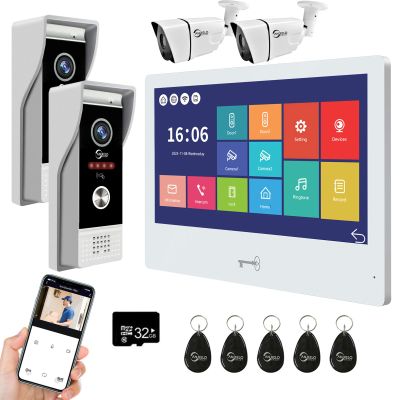 ANJIELO SMART Wired Video Door Phone Apartment Intercom System,WiFi 10 Inch Touch Monitor with 1080P Doorbell Camera,HD Camera,RFID Card Unlocking for Home Tuya,32G (1 Monitor-WT+2 Dooebell+2 Camera)