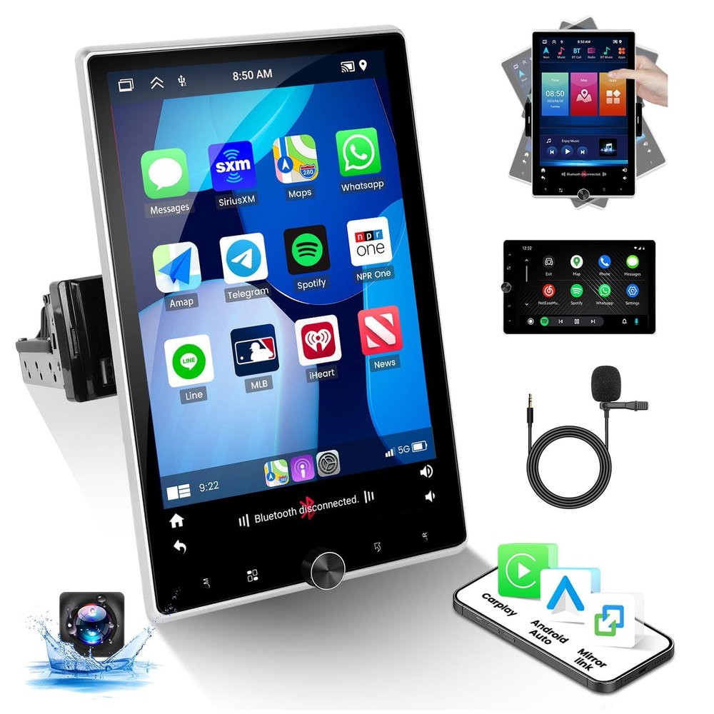 2+64G Android 10.4 inch Rotatable Touchscreen Single Din Car Stereo Wireless Carplay Android Auto Bluetooth GPS Navigation Head Unit WiFi Mirror Link 50UI FM RDS Dual USB EQ SWC AHD Backup Camera MIC
