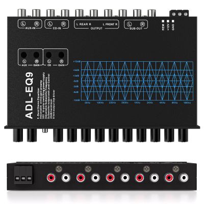 Suacopzar 9 Band Car Audio Equalizer, Car Graphic Equalizer EQ W/Front, Rear +Sub Output, 8V RMS Line Driver, Frequency Adjustable Audio Output for Car, Boat W/CD/AUX Input, White Light Illumination