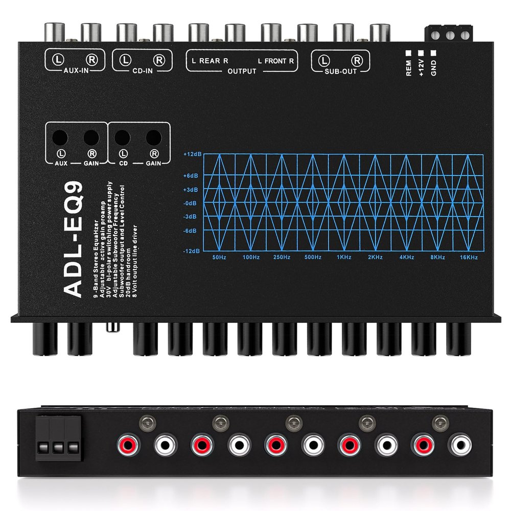 Suacopzar 9 Band Car Audio Equalizer, Car Graphic Equalizer EQ W/Front, Rear +Sub Output, 8V RMS Line Driver, Frequency Adjustable Audio Output for Car, Boat W/CD/AUX Input, White Light Illumination