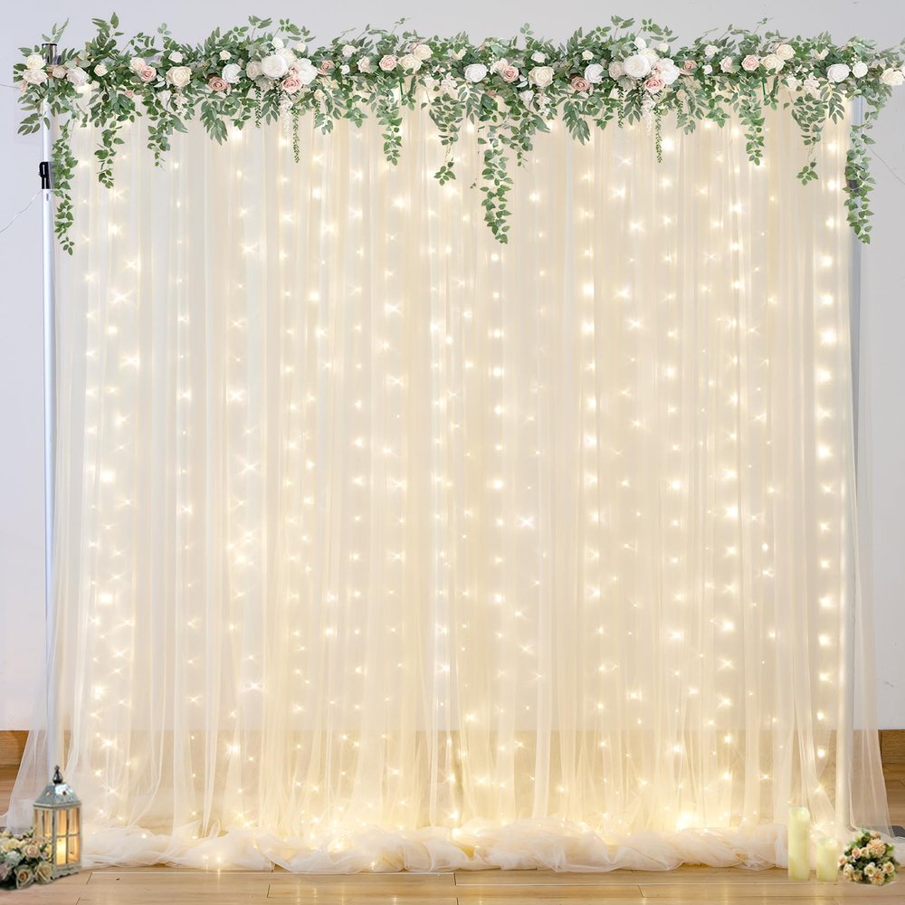10ft x 10ft Champagne Tulle Backdrop Curtain with Lights String for Parties Wedding Bridal Shower Sheer Champagne Curtain Backdrop for Birthday Party Baby Shower Photo Booth Decorations