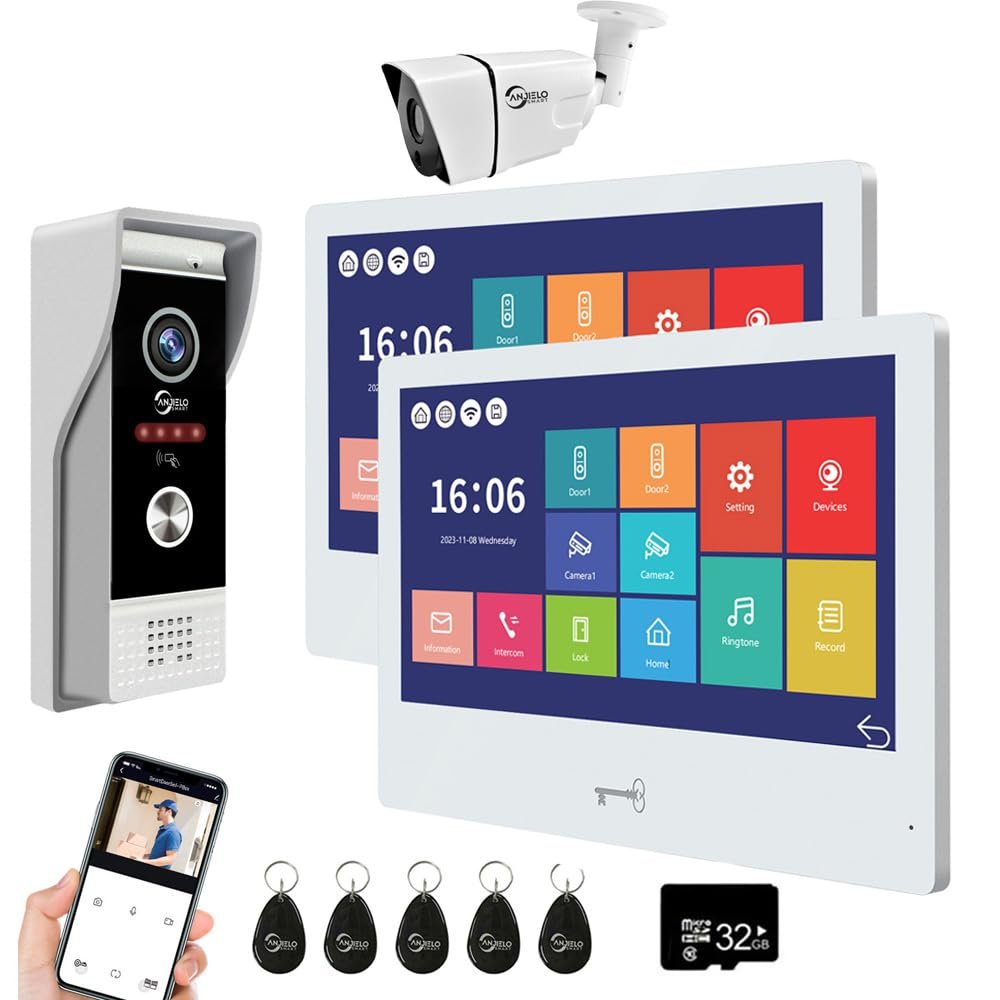 ANJIELO SMART Wired Video Door Phone Apartment Intercom System,WiFi 10 Inch Touch Monitor with 1080P Doorbell Camera,HD Camera,RFID Card Unlocking for Home Tuya,32G (2 Monitor-WT+1 Dooebell+1 Camera)