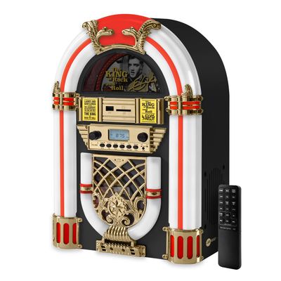 Arkrocket x Elvis Presley Mini Jukebox/Tabletop CD Player/Bluetooth Speaker/Radio/USB and SD Card Player with Retro LED Lighting System (Limitied Edition), Black Gloden