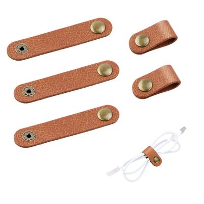 5 Pieces PU Leather Cord Organizer Reusable Cable Organizer Cord Keeper for Cable Straps,wrap Headphone,Earbud case,Headset (Brown)