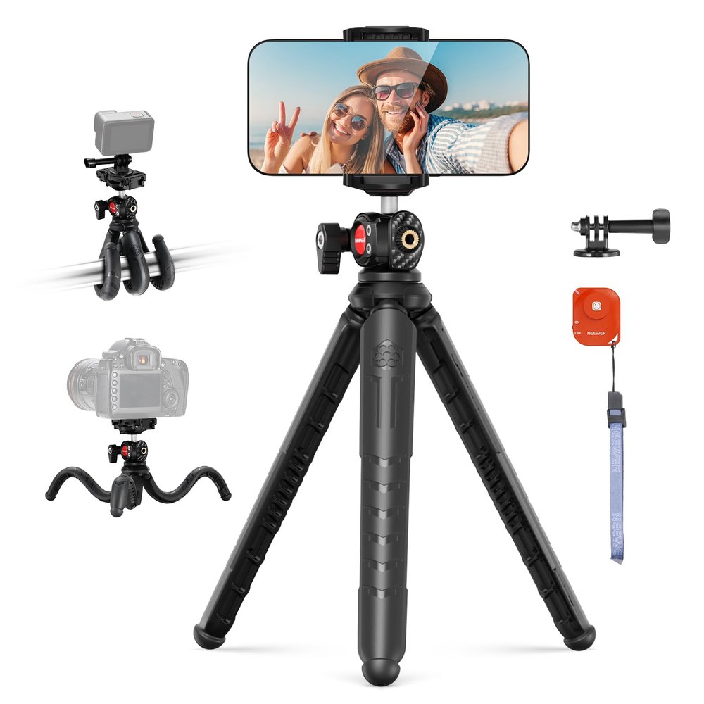 NEEWER Tripod for iPhone with Remote, Mini Flexible Phone Tripod Stand Vlog Selfie Stick with Phone Holder & Action Camera Adapter Compatible with iPhone GoPro Insta360 Samsung Digital Camera, TP35