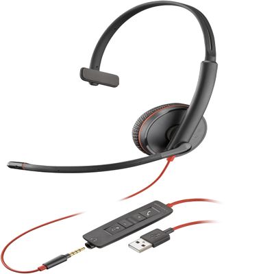 Poly Blackwire 3215 Monaural USB-A Headset - Mono - Mini-phone (3.5mm), USB Type A - Wired - 32 Ohm - 20 Hz to 20 kHz - On-ear, Over-the-head - Monaural - Supra-aural - 7.45 ft Cable - Noise Cancellin