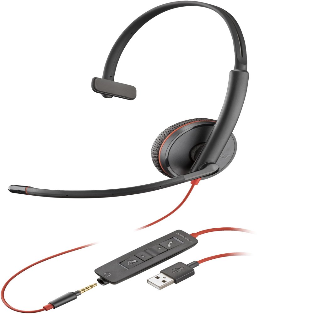 Poly Blackwire 3215 Monaural USB-A Headset - Mono - Mini-phone (3.5mm), USB Type A - Wired - 32 Ohm - 20 Hz to 20 kHz - On-ear, Over-the-head - Monaural - Supra-aural - 7.45 ft Cable - Noise Cancellin