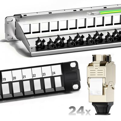 AMPCOM 24-Port 1U CAT6 Tool Free Keystone Patch Panel, 19" Metal Rackmount with 24pcs Black STP CAT6 Self-Lock Type Keystone Jacks No Punch Down Required