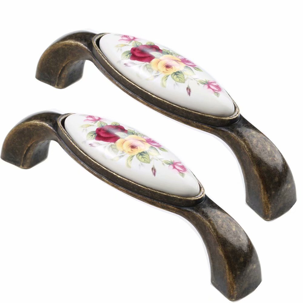 ECOLFE Antique Cabinet Drawer Handles, 2pcs European Style Kitchen Cabinet Knobs,Retro Rose Flower Ceramic Cupboard Drawer Pull Handle,Door Wardrobe Furniture Handle Drawer Pull Knob-A2-128MM(A196mm)
