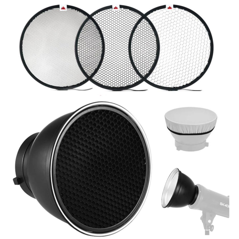 7inch 18cm Standard Reflector Diffuser Lamp Shade with 20/40/60 Degree Honeycomb Grid, Compatible with Bowens Mount Studio Flash Studio Strobe Light Monolight