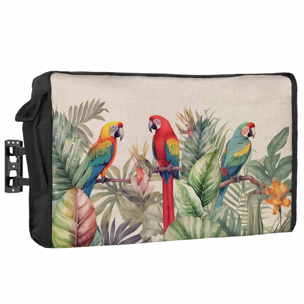 Tropical Birds Waterproof Outdoor TV Cover 36-39 Inch Weatherproof, Outside Television Cover TV Screen Protector with Remote Control Pocket, Rustic Green Palm Tree Leaves Animal