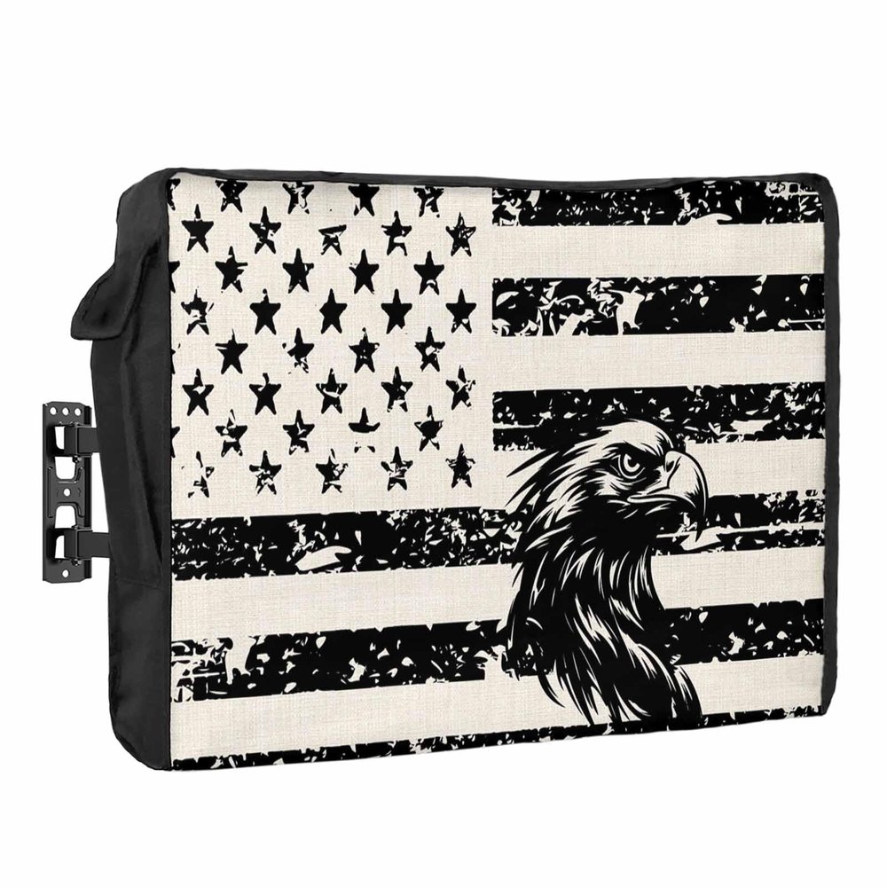 American Flag Waterproof Outdoor TV Cover 36-39 Inch Weatherproof, Outside Television Cover TV Screen Protector with Remote Control Pocket, Eagle Stripes Stars Vintage Black