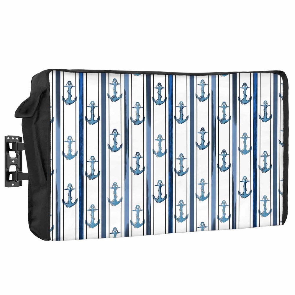 Nautical Blue Anchor Waterproof Outdoor TV Cover 30-32 Inch Weatherproof, Outside Television Cover TV Screen Protector with Remote Control Pocket, Summer Beach Geometric Rope Stripe