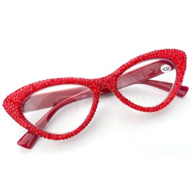 mincl 2024 Trendy Cat Eye Bling Rhinestones Reading Glasses for Women Red Crystal Diamond Frame Eyewear Anti Blue Light Reader (red, 2.25, x)